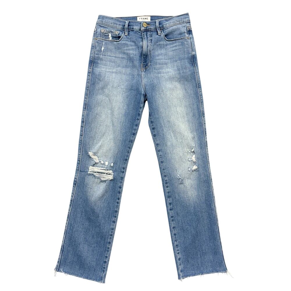 FRAME Denim Le Sylvie Jeans Distressed High Waist Straight Leg Light Wash 28